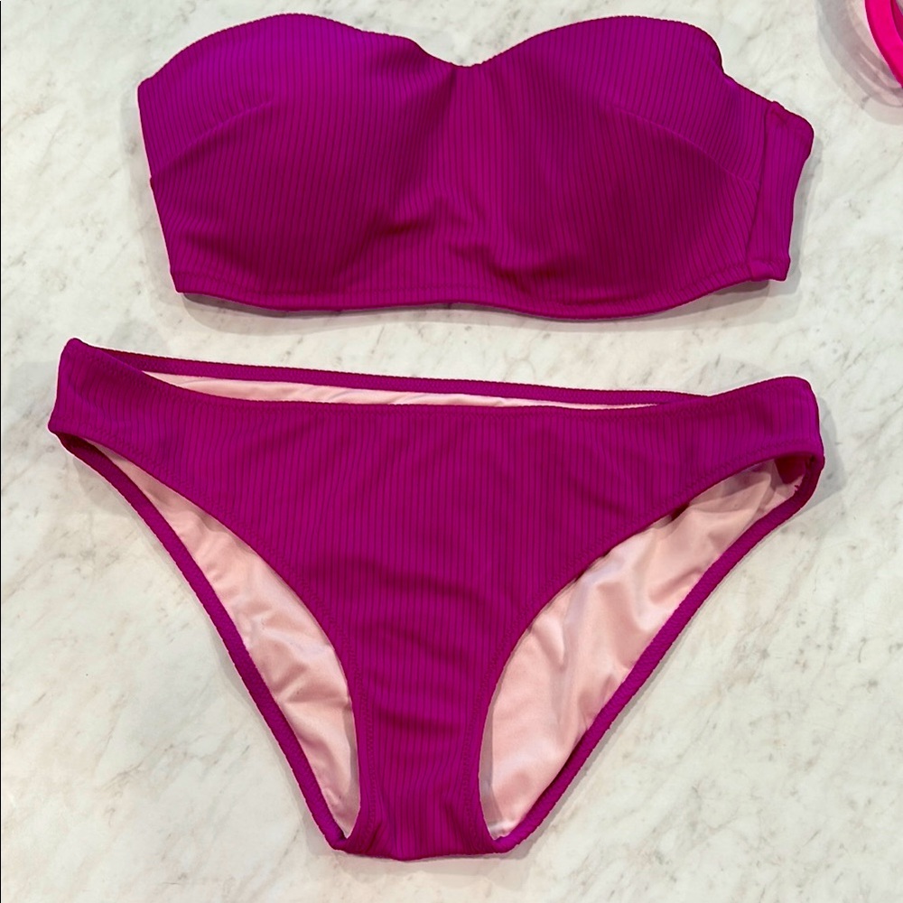Shade & Shore Ribbed Strapless Fuscia Pink Bikini Set